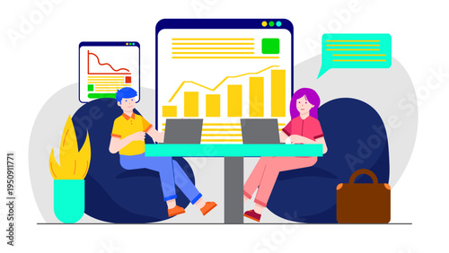 Traders discussing market fluctuations while working on laptops