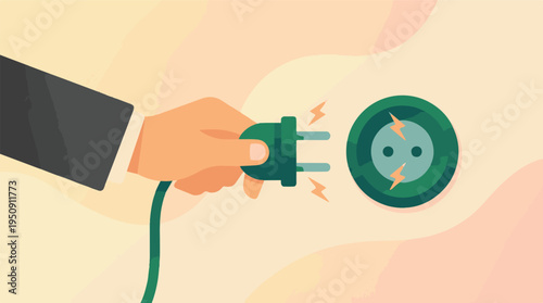 Hand inserting electric plug into wall socket, concept of power connection