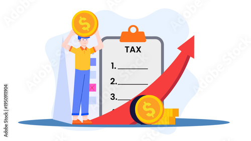 Man organizing tax documents and coins with rising financial growth