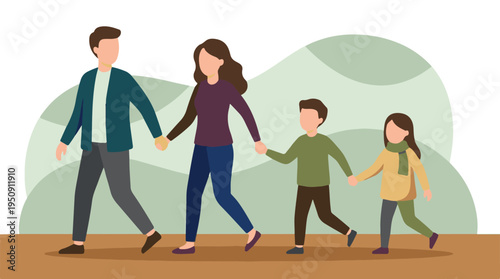 Happy family walking together hand in hand in a flat design illustration