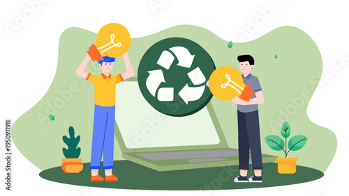 Business people holding lightbulbs with recycle symbol for green energy