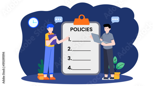 Professionals conducting business audit and policy check on clipboard