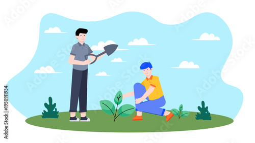 Team planting trees in a field for corporate social responsibility