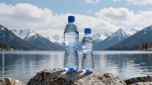 Two Transparent Plastic Water Bottles Placed on a Rock with a Scenic Mountain and Lake Background