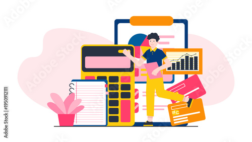 Professional illustration of a man managing financial records with a large calculator and data charts
