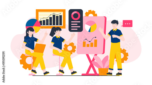 Professional male leader presenting data charts and business strategies to a female audience