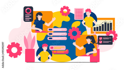 Diverse professionals collaborating online with global team members through video conference and cloud