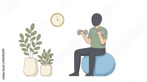 Minimalist illustration of a person exercising with dumbbells on a fitness ball