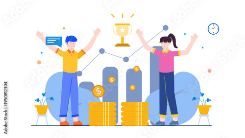 Team of professionals celebrating victory with a golden trophy and rising financial charts in flat style