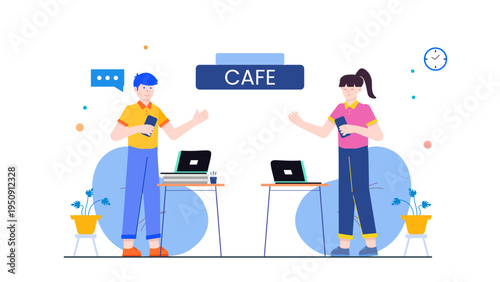 Remote workers using laptops and smartphones to collaborate while working from a cafe environment