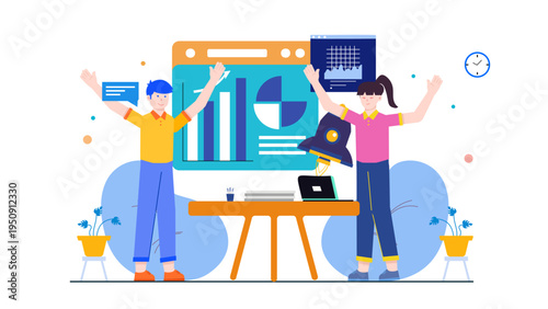 Business leaders presenting growth data and vision with rocket launch icon and analytical dashboard