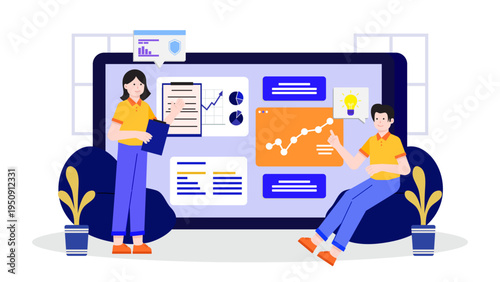 Professional man and woman analyzing financial data and charts to prepare the company annual report