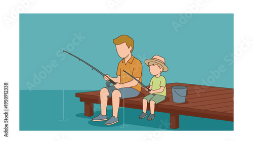 Father and son fishing together on a wooden dock, enjoying a peaceful day