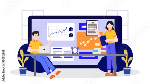 Team analyzing financial charts and tax forms for official filing and accounting purposes