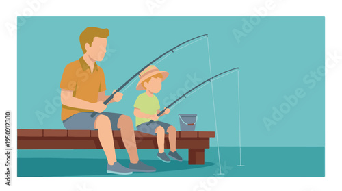 Father and son fishing together on a wooden dock enjoying a leisure day