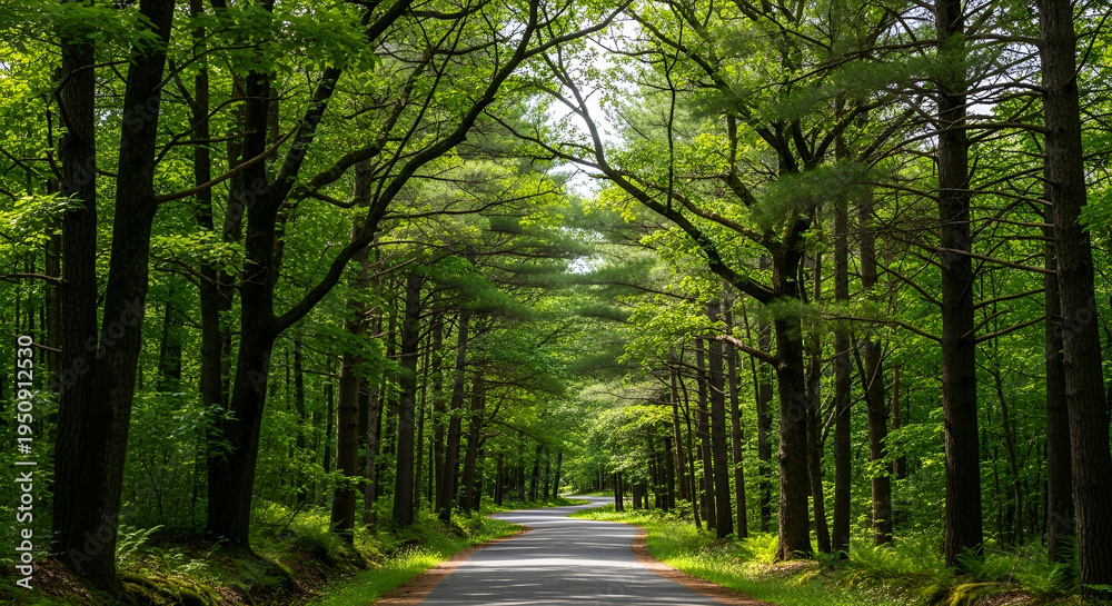 Fototapeta premium Scenic winding road through a lush green forest with sunlit trees and shadows