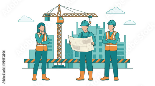 Diverse construction team reviewing plans on a busy building site