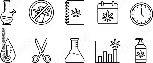 Cannabis regulation and research outline icons set including bong no smoking notebook calendar thermometer scissors lab flask chart lotion bottle