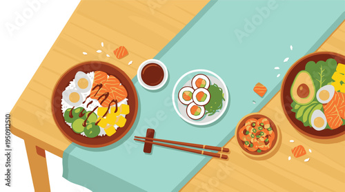 Healthy Asian cuisine overhead: poke bowls, sushi, and shrimp on wooden table