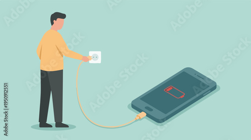 Man plugging smartphone charger into wall socket to charge low battery