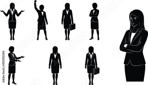 Businesswoman Silhouette Collection, Professional Female Office Worker Standing Poses Set with Briefcase Gesture Corporate Character Vector Illustration