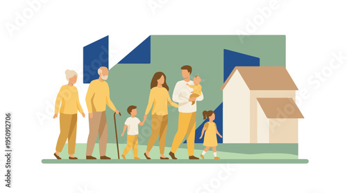 Multi-generational family walking together towards their home, minimalist vector
