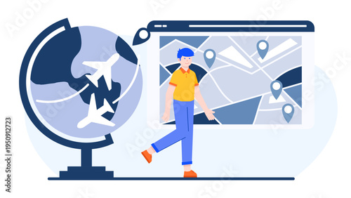 Businessman standing near a globe and a map for flight planning