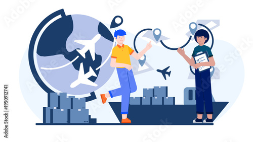 Import export logistics and global shipping concept with plane routes and world map