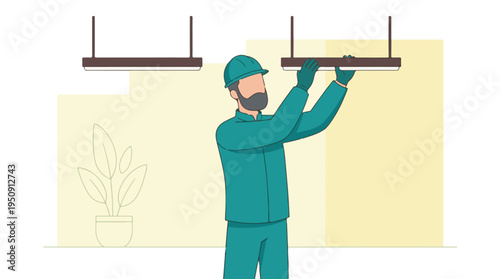 Professional male worker installing a modern linear ceiling light fixture