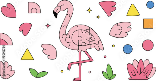Cute Flamingo Puzzle Game with Shape Pieces and Colorful Geometric Elements for Kids Preschool Learning Activity Vector Illustration