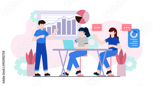 Professional corporate training session with a mentor and employees discussing data charts and business growth