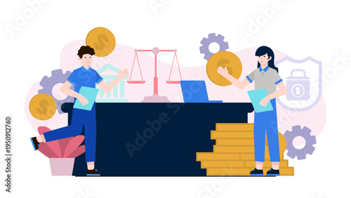 Business legal services and law concept with scales of justice and financial security symbols