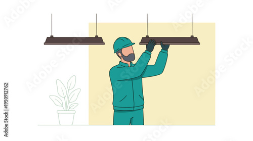 Professional electrician installing or maintaining a light fixture illustration