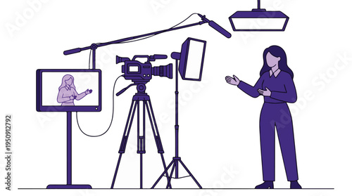 Woman presenter in video production studio with camera and lights
