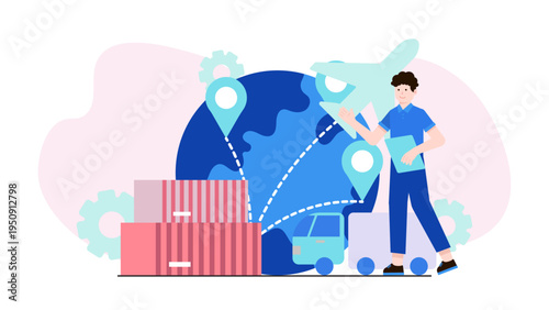 Global logistics and shipping concept with containers and transportation