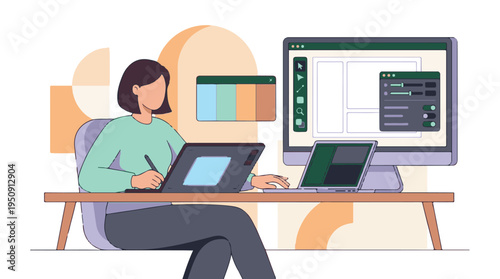 Female designer creating digital art on computer and graphics tablet