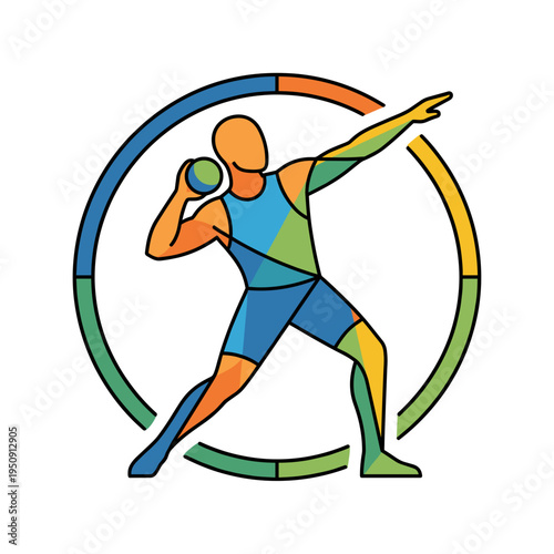 Shot Put Athlete Posing Confidently Inside a Colorful Circular Sports Emblem