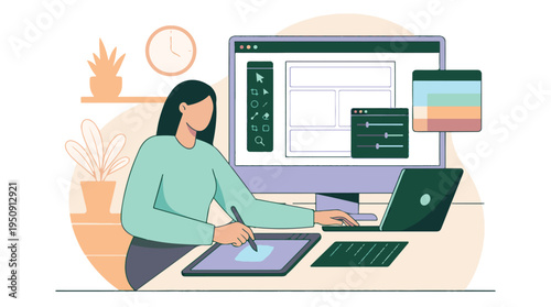 Woman graphic designer working on computer and digital tablet