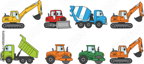 Cute cartoon construction vehicle set including excavator dump truck bulldozer concrete mixer and road roller with eyes isolated on white background for kids education design