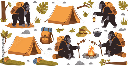 Gorilla Camping Adventure Set with Backpack, Tent, Campfire and Lantern in Forest Outdoor Cartoon Vector Illustration