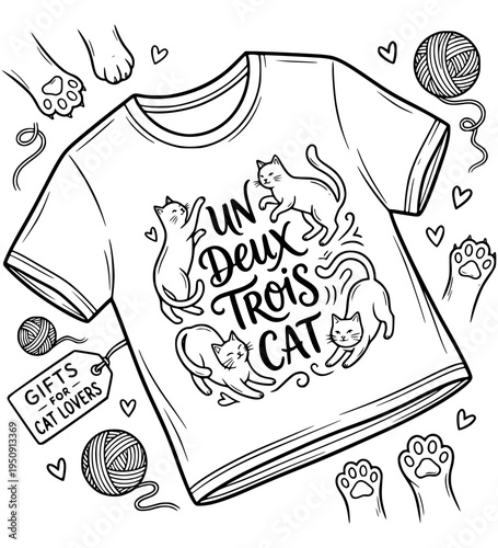 Cat Lover's Delight: An illustrated tee shirt design, tailored for cat enthusiasts, showcasing playful felines. 