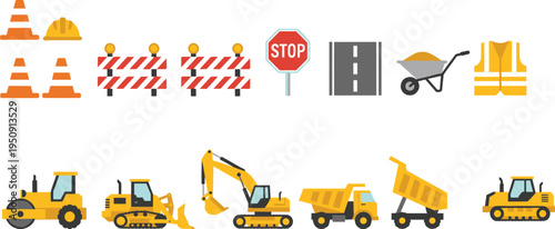 Large set of construction icons including yellow excavator dump truck road roller bulldozer traffic cones safety vest and barriers isolated on white background for industrial design