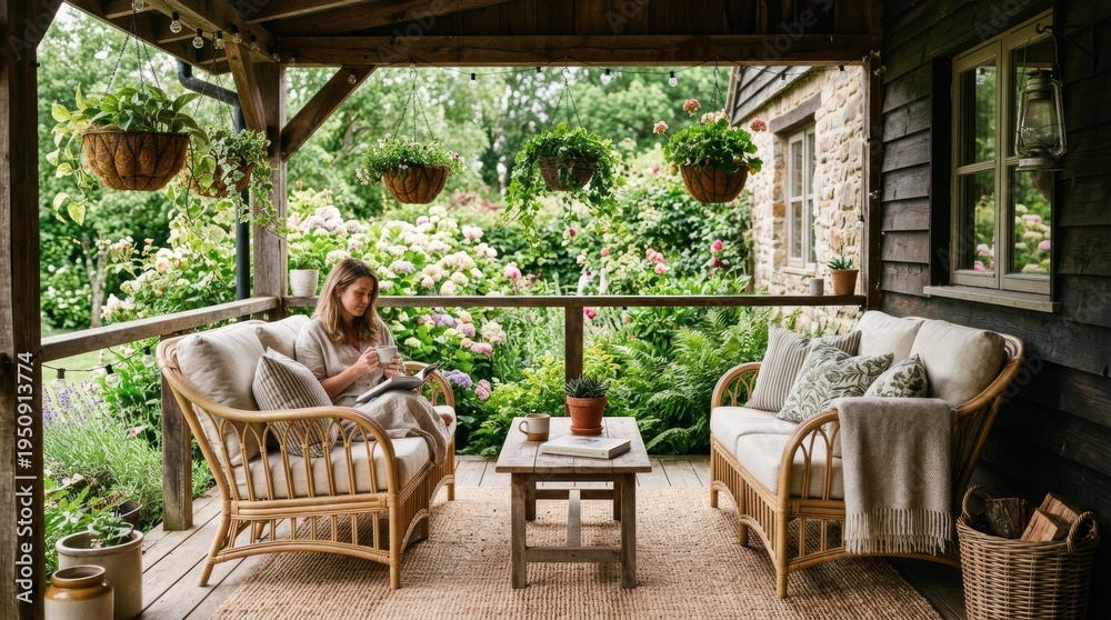 Fototapeta premium Woman relaxing on a covered porch surrounded by lush garden greenery and flowers