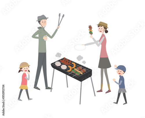 バーベキューをしている家族