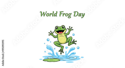 Illustration of a jumping green frog on a lily pad with water splashes on World Frog Day, promoting amphibian conservation awareness with a playful design.