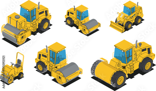 Isometric Heavy Road Roller and Compactor Machinery Set Featuring Yellow Construction Vehicles for Paving Asphalt and Soil Compaction Isolated on White Background Graphic Illustration