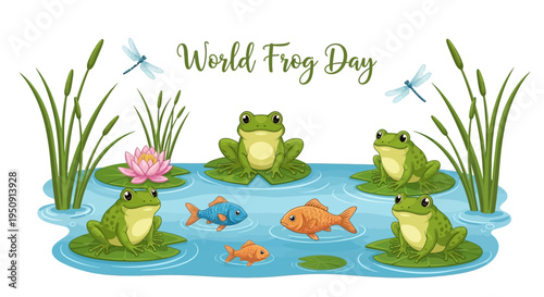Illustration of frogs in a pond with fish and aquatic plants for World Frog Day, promoting conservation awareness with a colorful design.