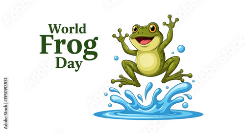 Vector illustration of a jumping frog in water splashes on World Frog Day for amphibian conservation awareness with a colorful design.