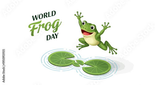 Vector illustration of a cheerful frog jumping over lily pads on World Frog Day, promoting amphibian conservation awareness with a playful design.