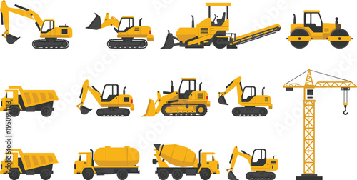 Set of yellow construction vehicles including excavator dump truck crane road roller bulldozer and concrete mixer isolated on white background for industrial building design illustration